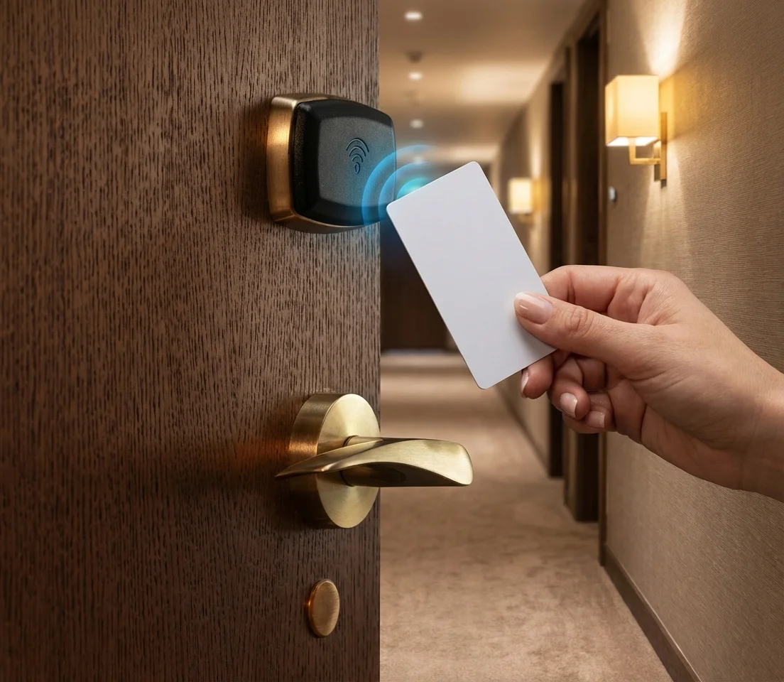 Hand holding MIFARE Ultralight C key card approaching luxury hotel door lock with blue RFID signal