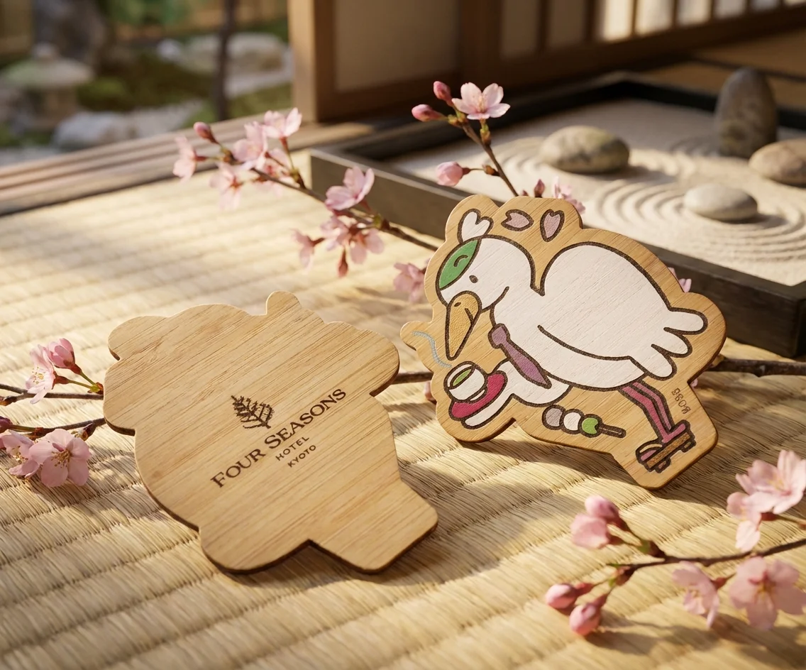Four Seasons Hotel Kyoto die-cut bamboo bird kids key cards on tatami with cherry blossoms and zen garden