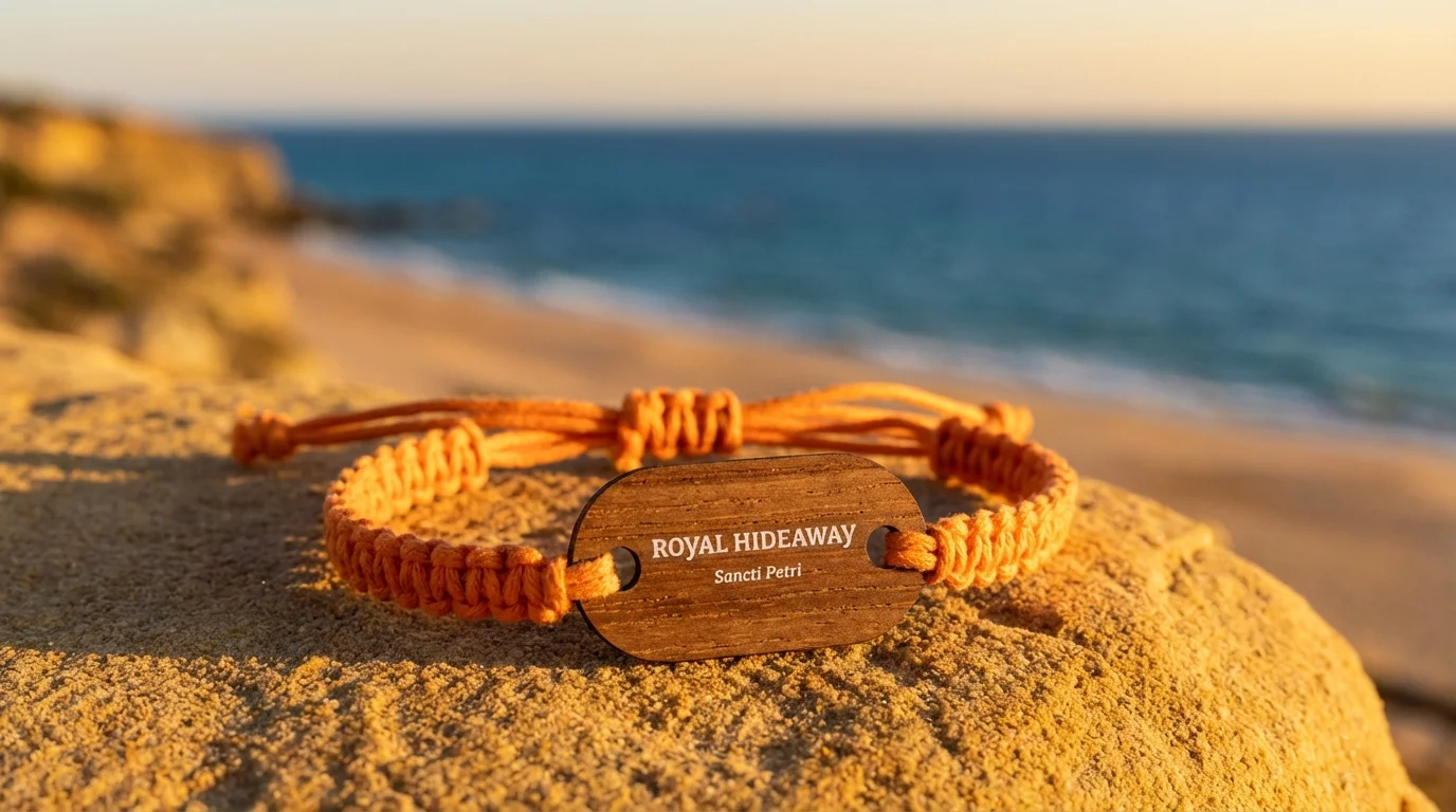 Royal Hideaway Sancti Petri wooden RFID wristband with orange macrame strap on golden sand beach in Cádiz