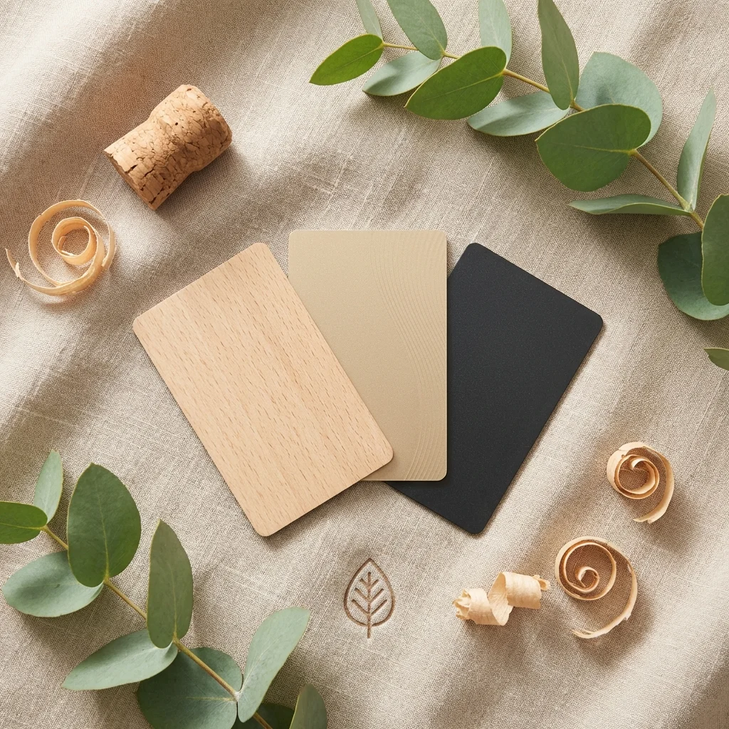 Eco-friendly hotel key cards made from wood, recycled PVC, and PPH bio board arranged with eucalyptus leaves on natural linen