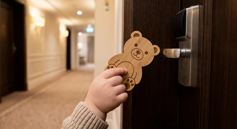 Child holding bear-shaped wooden hotel key card at hotel room door