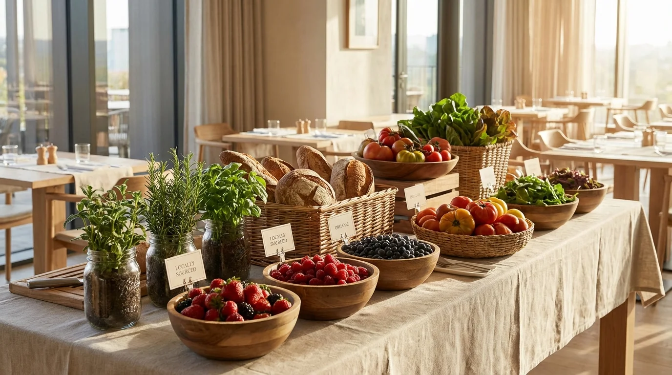 Hotel restaurant buffet featuring locally sourced organic produce and sustainable food practices