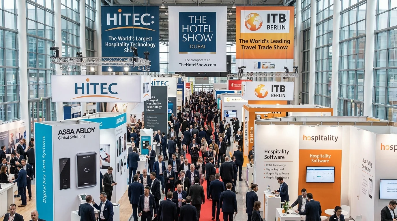 Bustling international hospitality trade show exhibition hall with HITEC and ITB Berlin booths