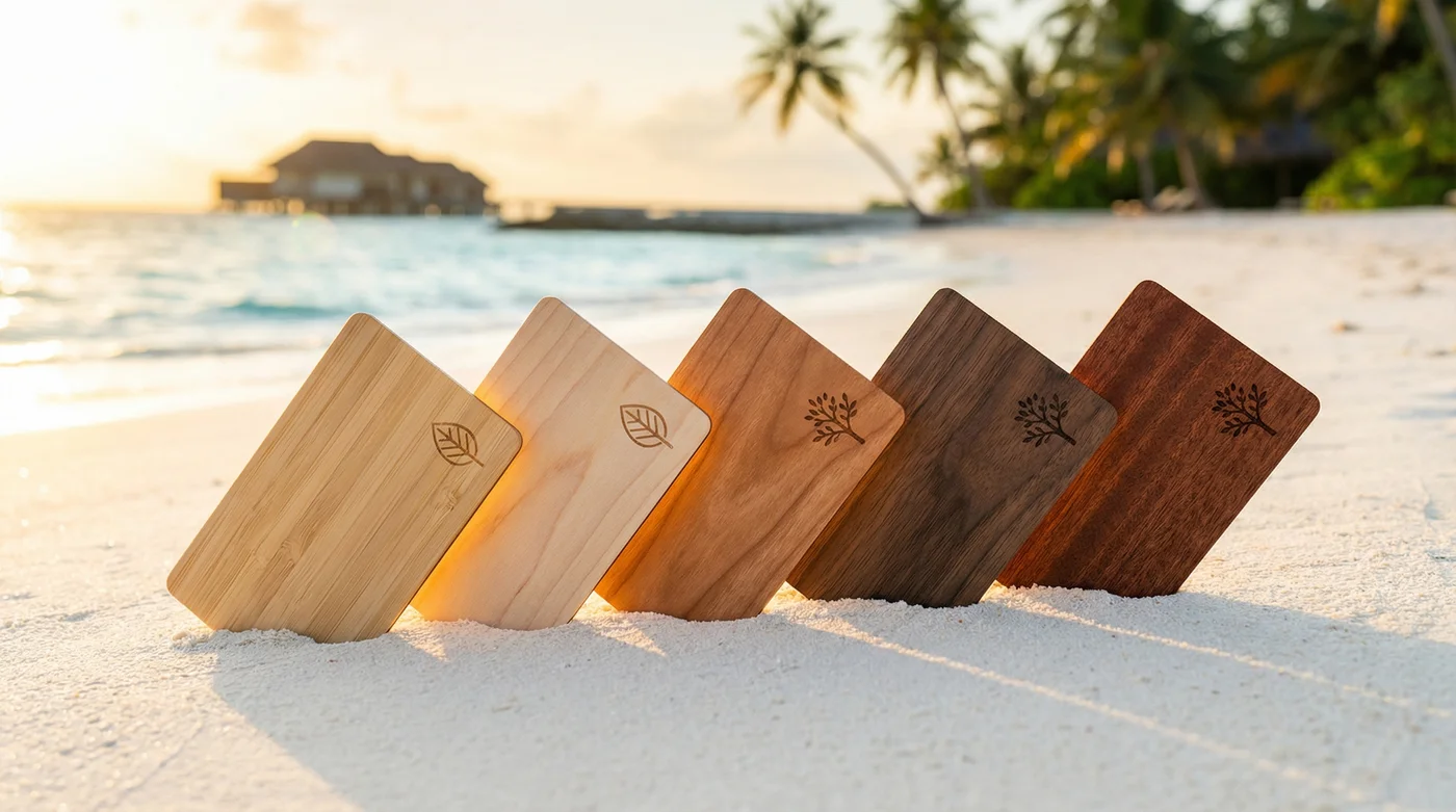PrintPlast wooden key cards and eco-friendly hotel solutions displayed at trade shows
