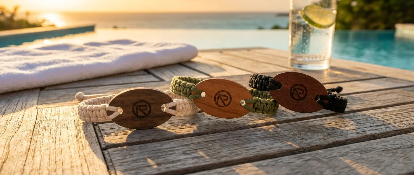 PrintPlast eco-friendly RFID wristbands and wooden key cards displayed at hospitality trade shows