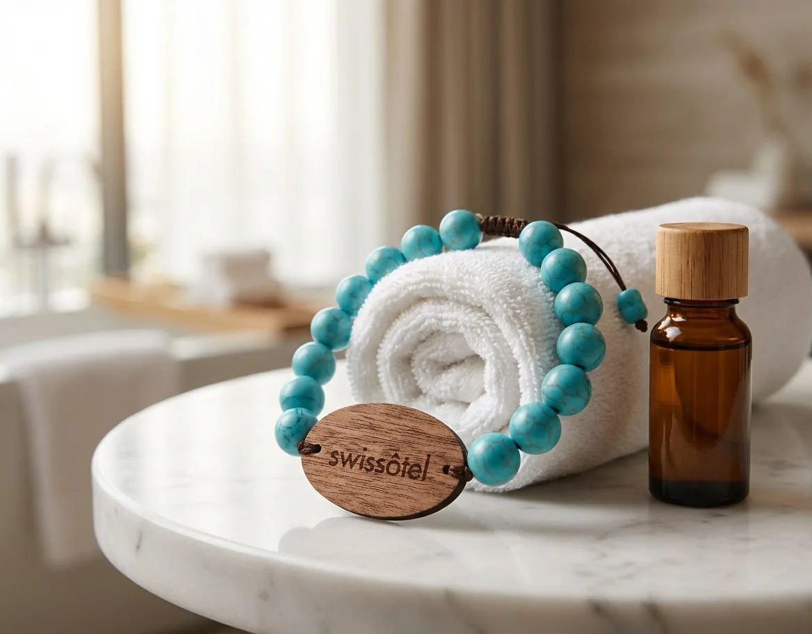Swissotel turquoise stone bead RFID wristband with walnut wood medallion in luxury spa setting