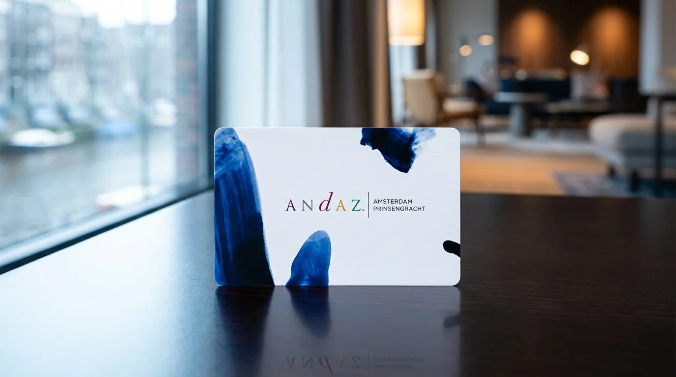 Andaz Amsterdam PPH Bio key card with blue watercolor design by canal-side window