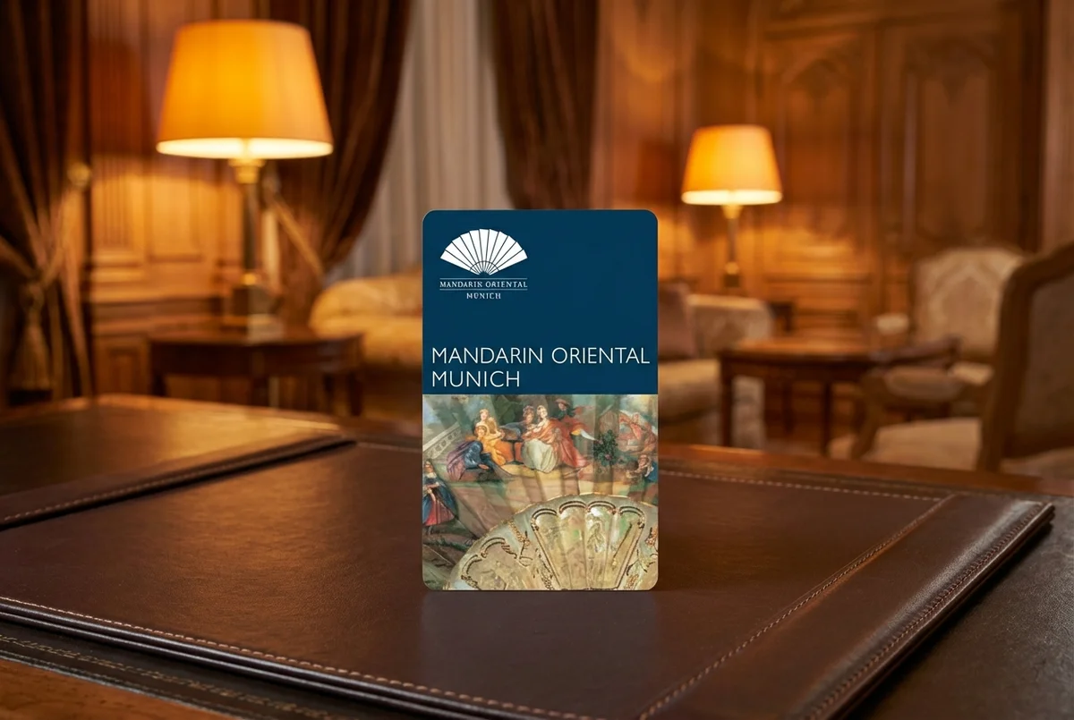 Mandarin Oriental Munich premium beech wood RFID key card with UV printed hotel branding