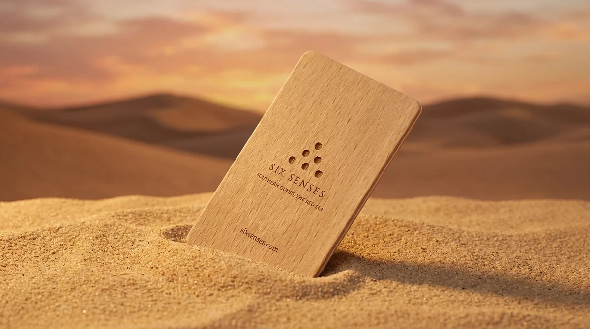 Six Senses Southern Dunes beech wood RFID key card with geometric Arabian pattern