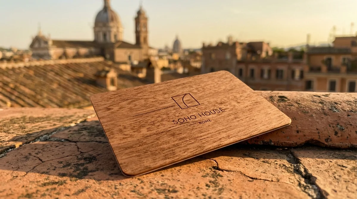 Soho House wooden RFID key card with signature branding on natural wood