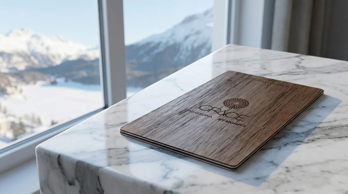 Grace La Margna St. Moritz American black walnut key card with laser-engraved hotel logo