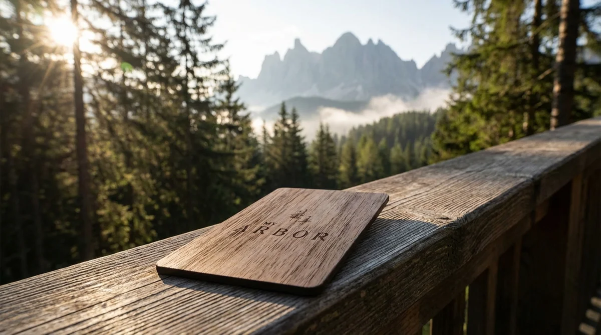 My Arbor wooden RFID key card with laser-engraved logo on natural wood surface
