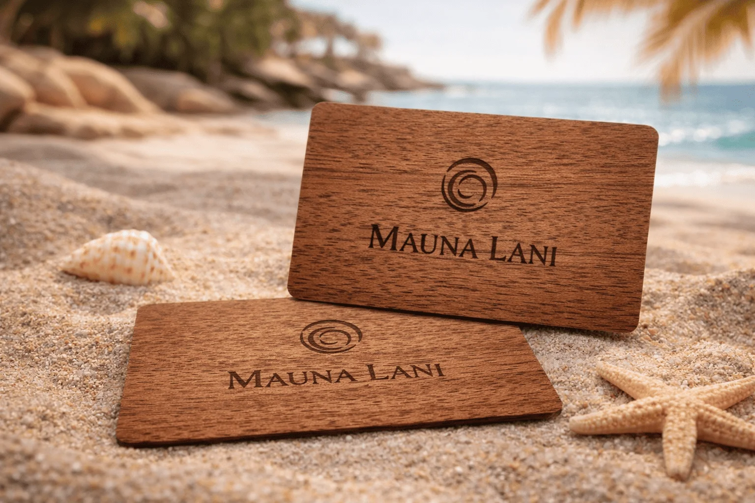 Mauna Lani wooden RFID key card with resort logo on warm-toned natural wood
