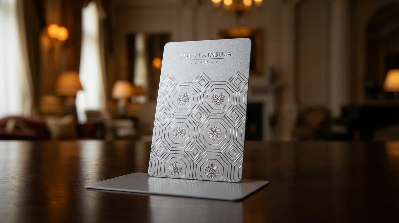 The Peninsula London silver key card with raised ink hexagonal pattern in opulent hotel lobby