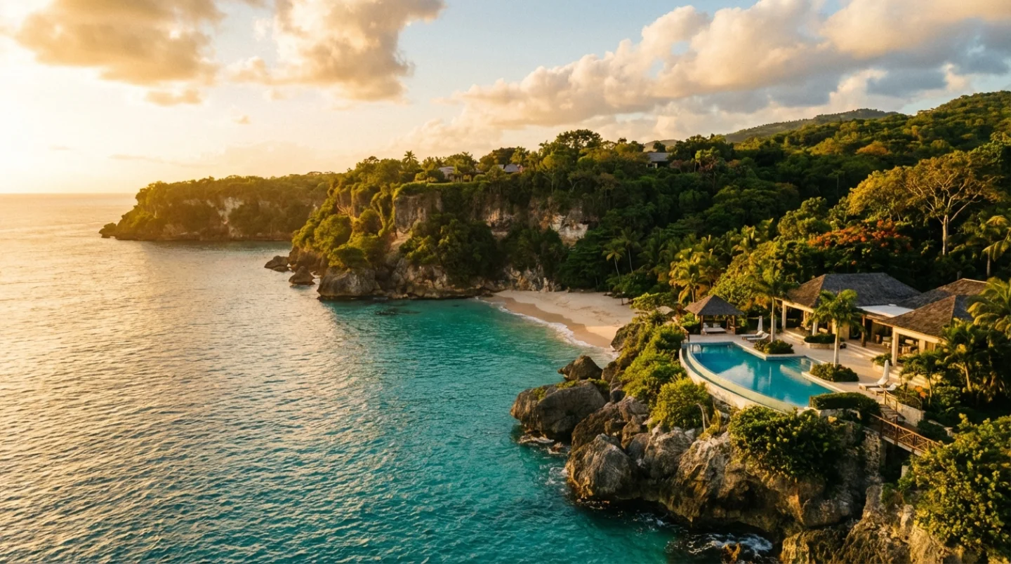 Breathtaking cliff-top view of Dominican Republic coastline at golden hour
