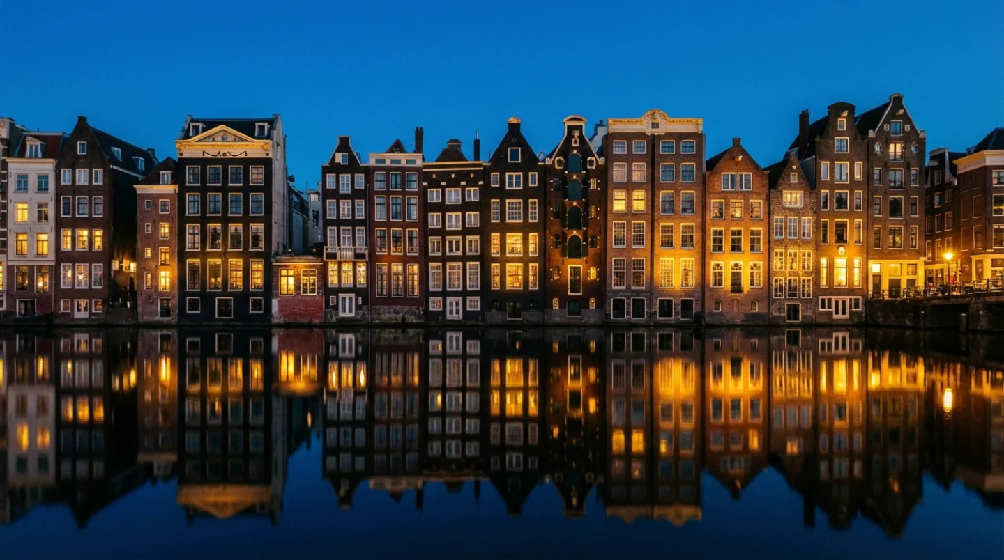 Serene evening view of Amsterdam Prinsengracht canal with historic houses