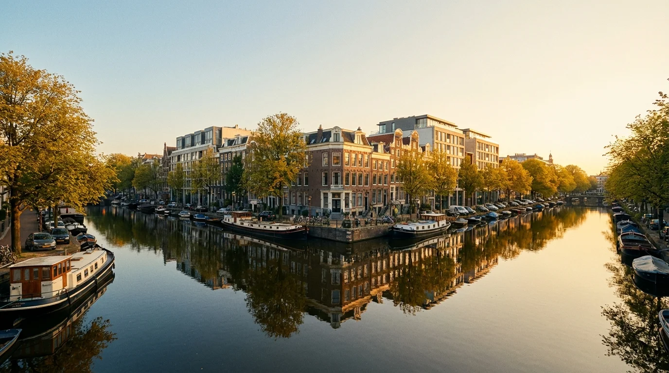 Amsterdam canal intersection at golden hour in the Apollolaan district with boats and autumn trees