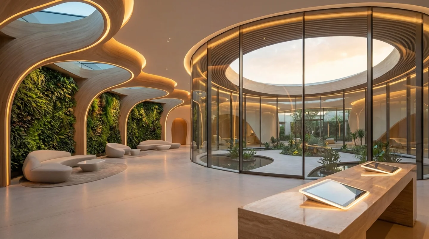 Visionary hotel lobby of the future with organic architecture and ambient lighting
