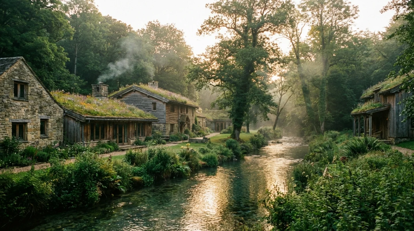 Luxury eco-resort nestled in a lush forest clearing with natural materials