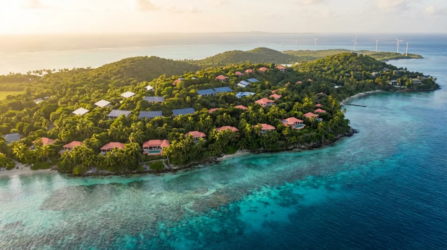 Aerial view of sustainable Caribbean resort island with solar panels and palm trees