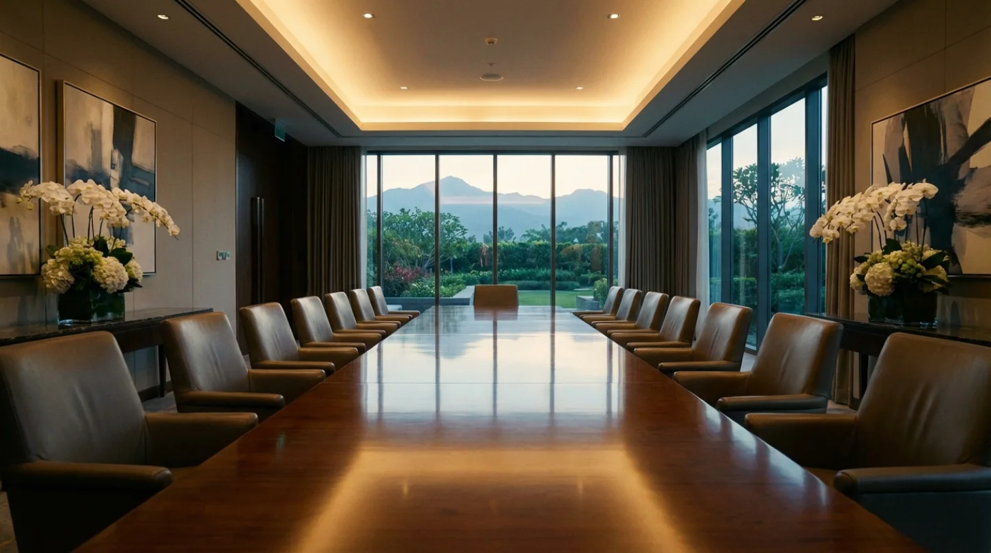 Elegant corporate meeting room in a luxury hotel with garden view