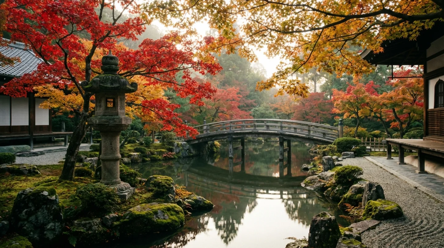 Serene Japanese garden in Kyoto with vibrant autumn maple leaves