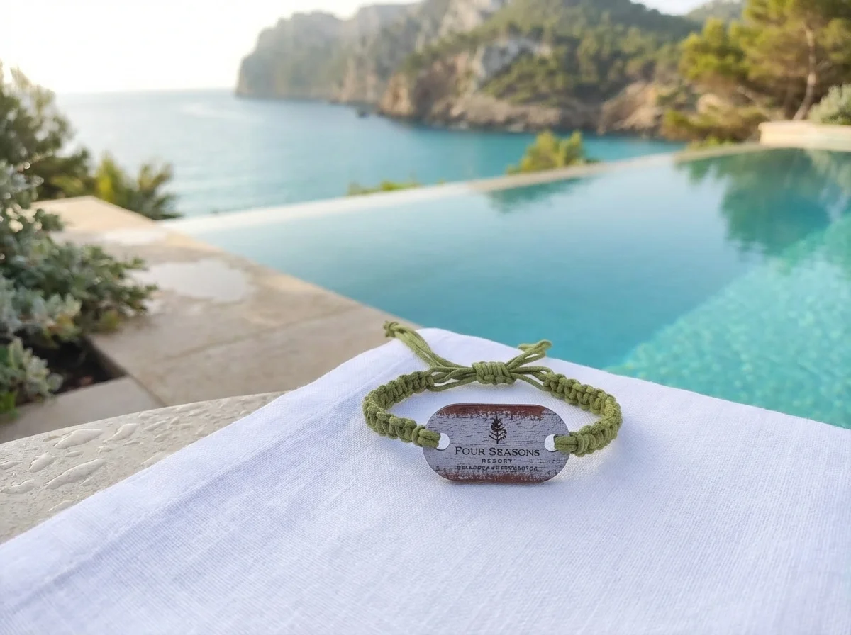 Four Seasons Mallorca green RFID wristband on white towel beside infinity pool overlooking Mediterranean Sea