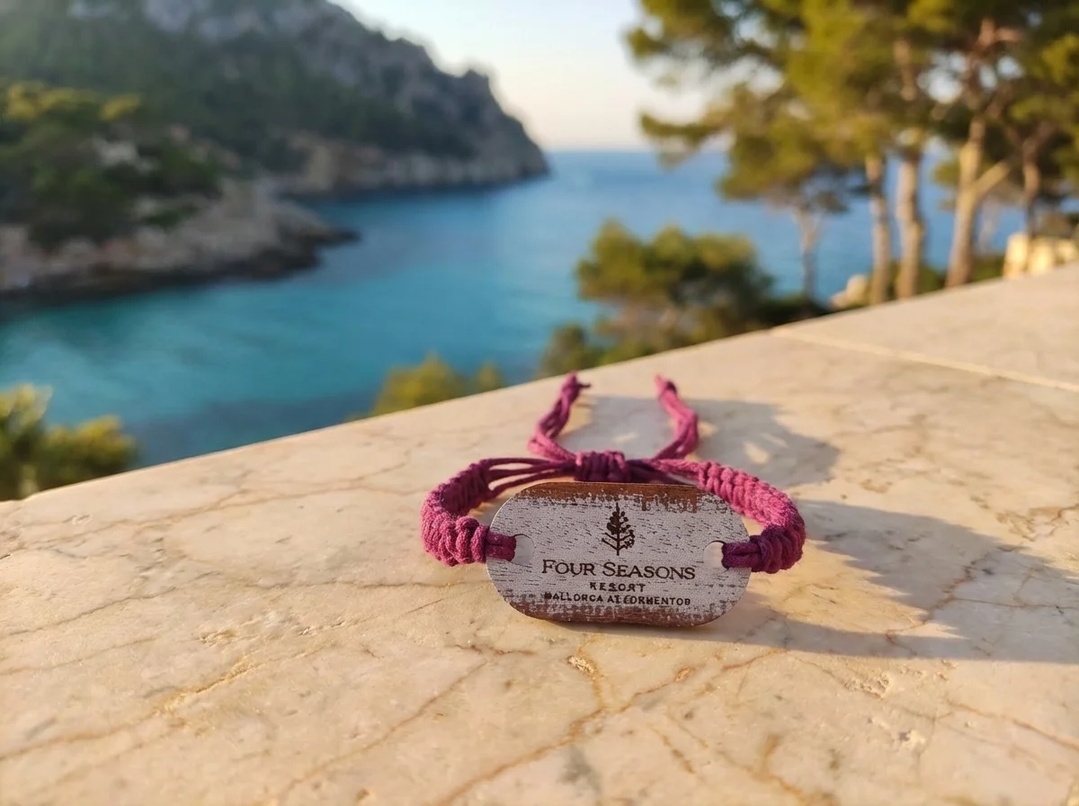 Four Seasons Mallorca RFID wristband with purple organic cotton macramé strap on marble terrace overlooking Mediterranean coastline