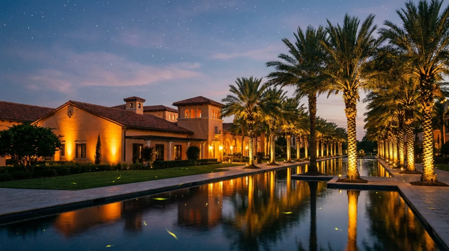 Magical evening at a luxury tropical resort in Orlando with illuminated palms