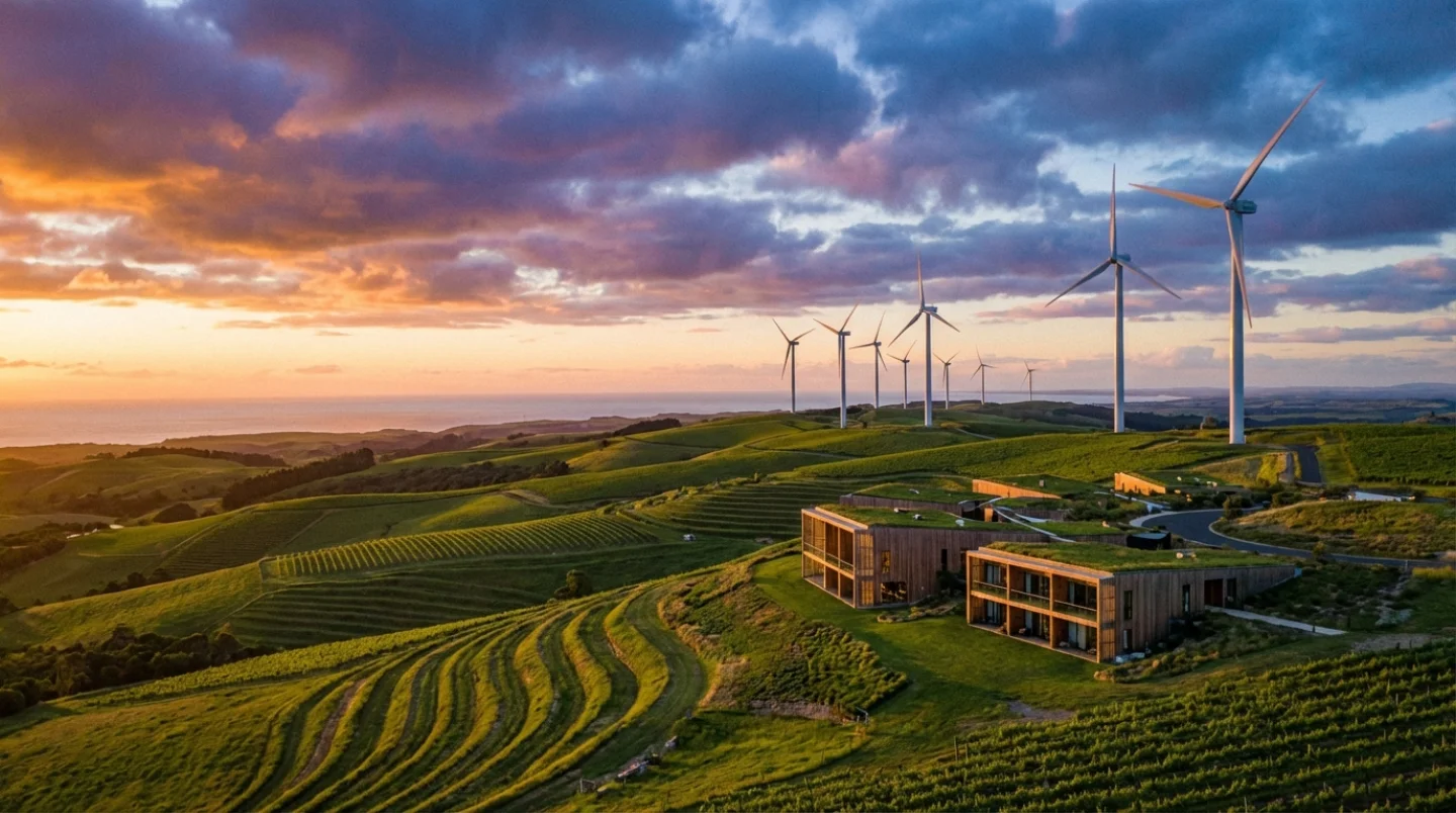 Vast green landscape with wind turbines and sustainable agriculture
