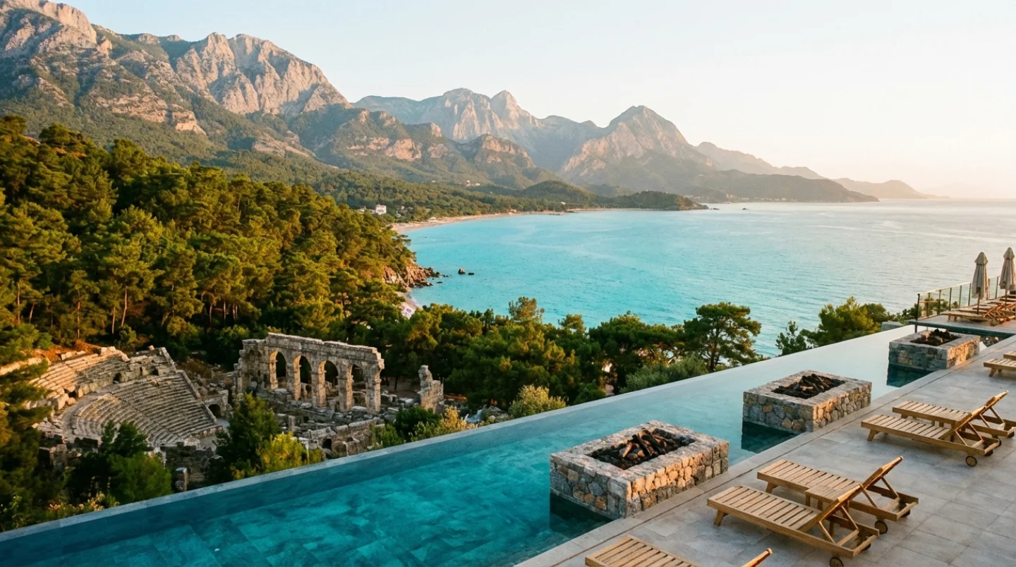 Panoramic view of Turkish Riviera near Antalya with Mediterranean waters and mountains