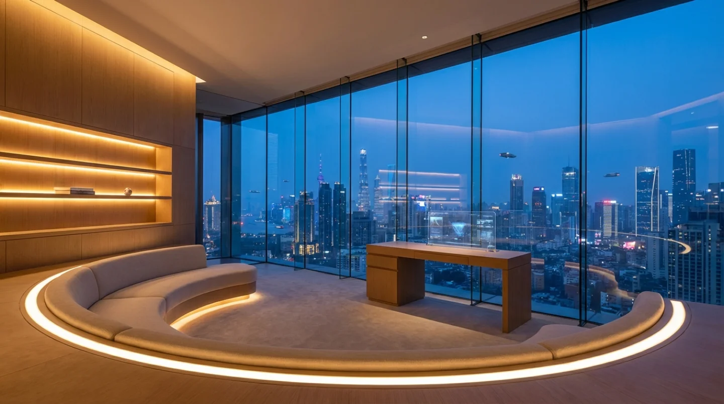 Futuristic smart hotel room interior with warm ambient lighting and city panorama