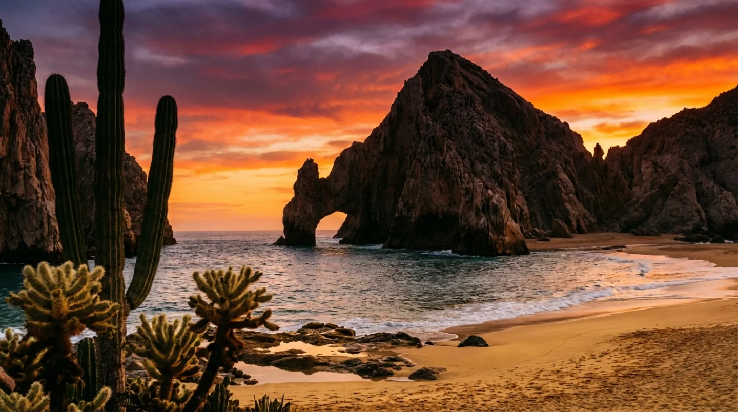 Dramatic sunset over the Sea of Cortez in Los Cabos with El Arco rock formation