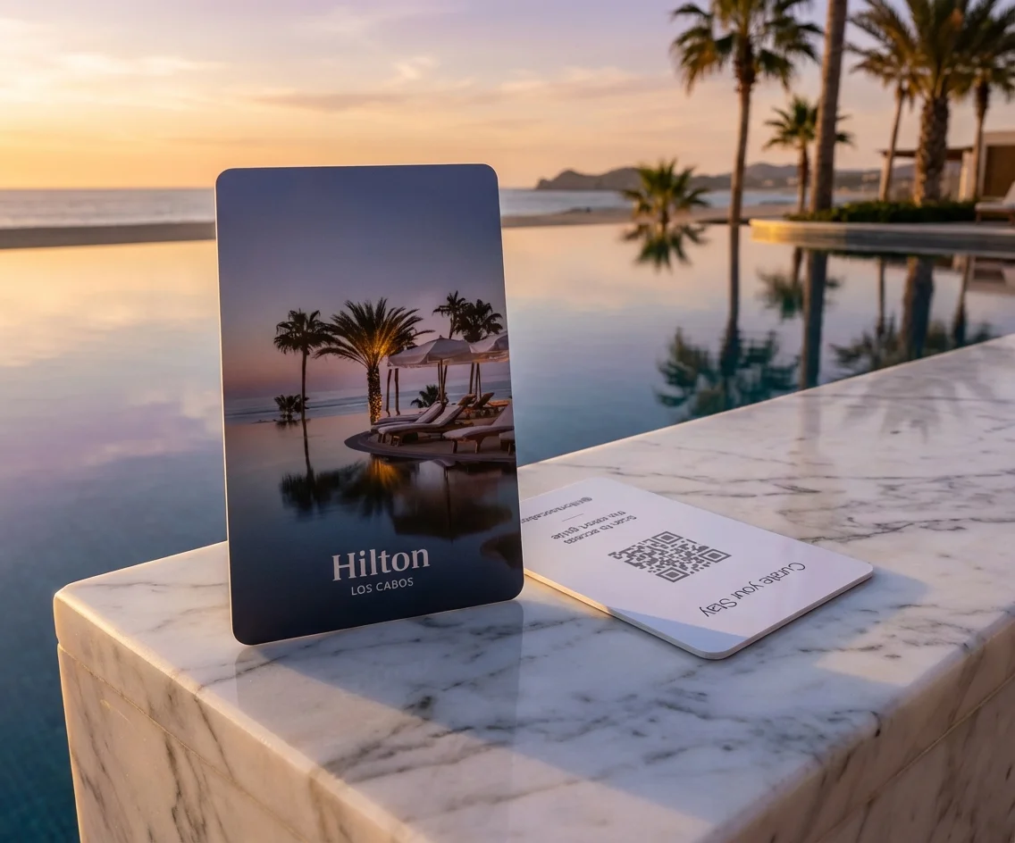 Hilton Los Cabos recycled PVC key cards on white marble beside resort infinity pool at golden hour