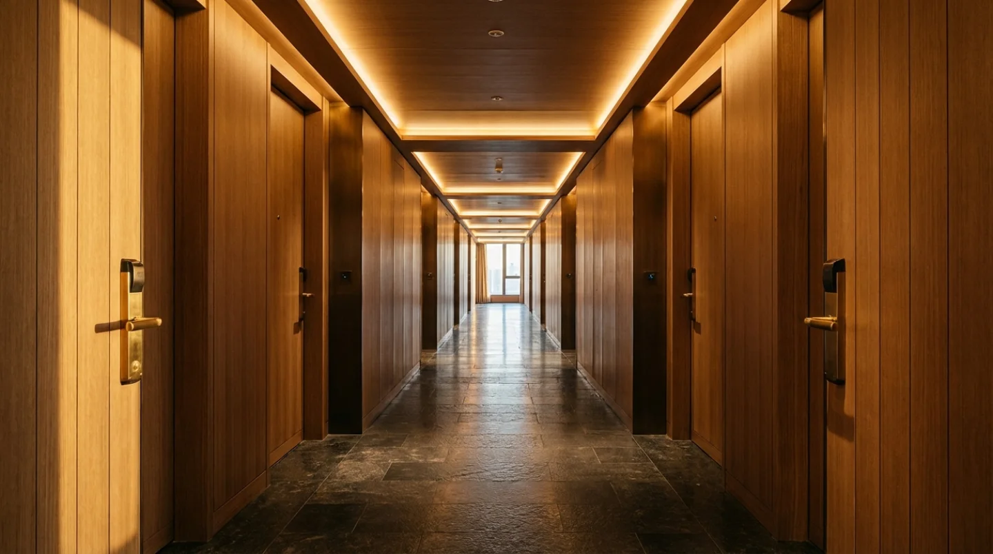 Sleek modern hotel corridor with warm wood paneling and soft lighting