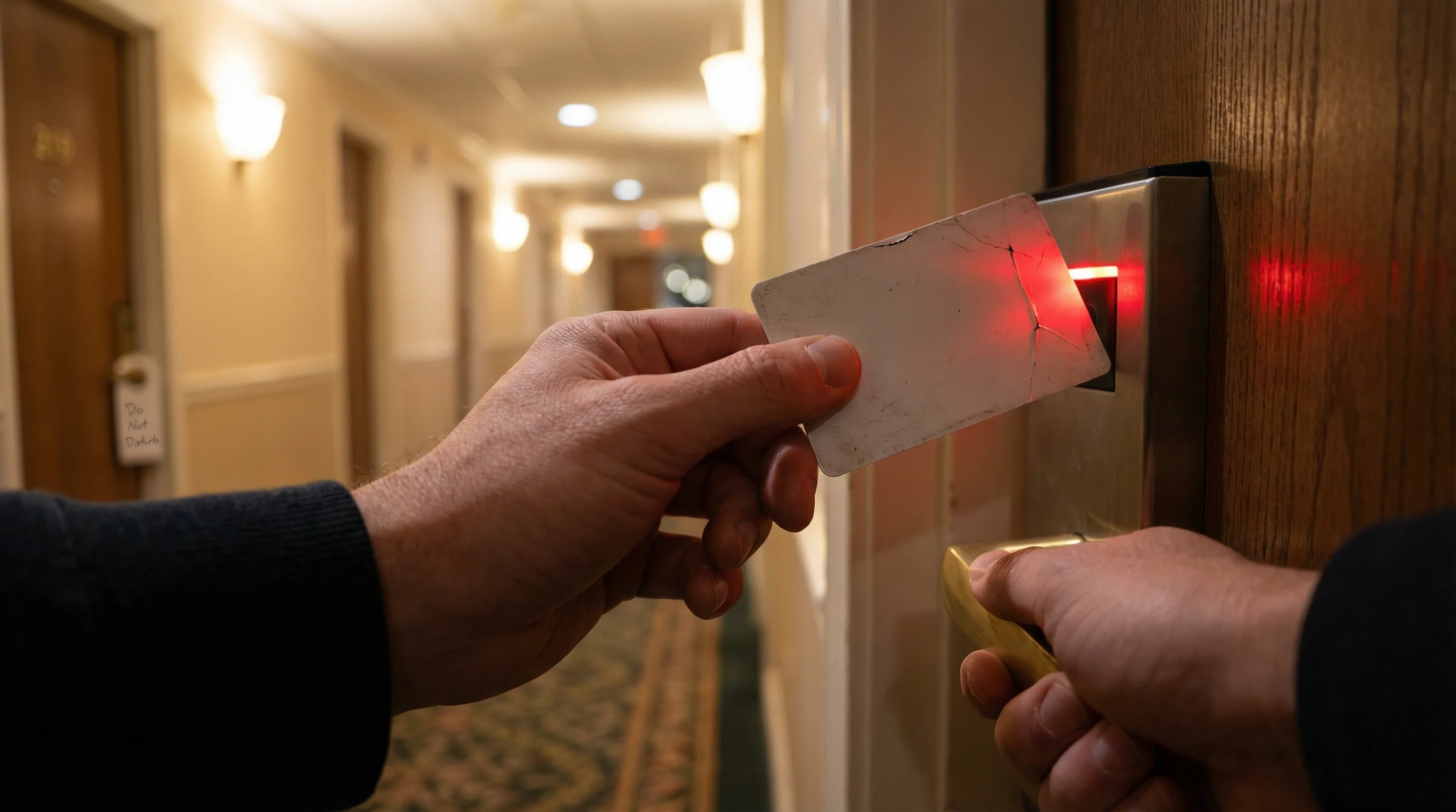 Guest inserting hotel key card into door lock with red indicator light in hotel corridor