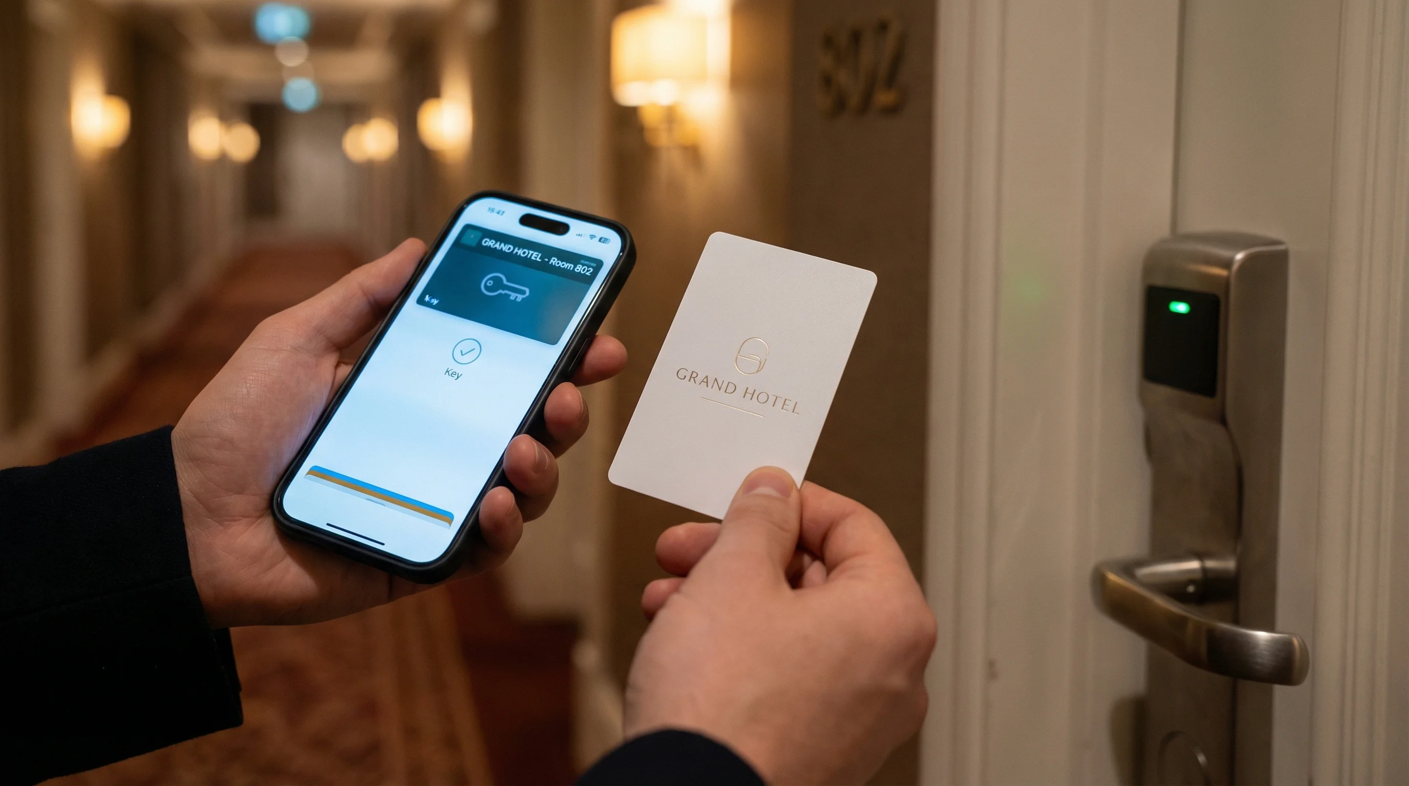 Guest holding iPhone with Apple Wallet hotel key alongside physical RFID key card at hotel door