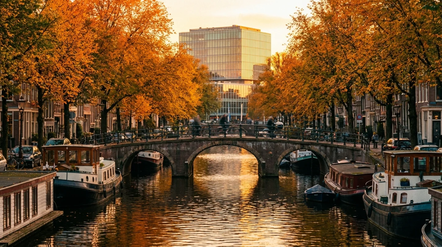 Vibrant Amsterdam canal scene in autumn with golden leaves and canal bridges