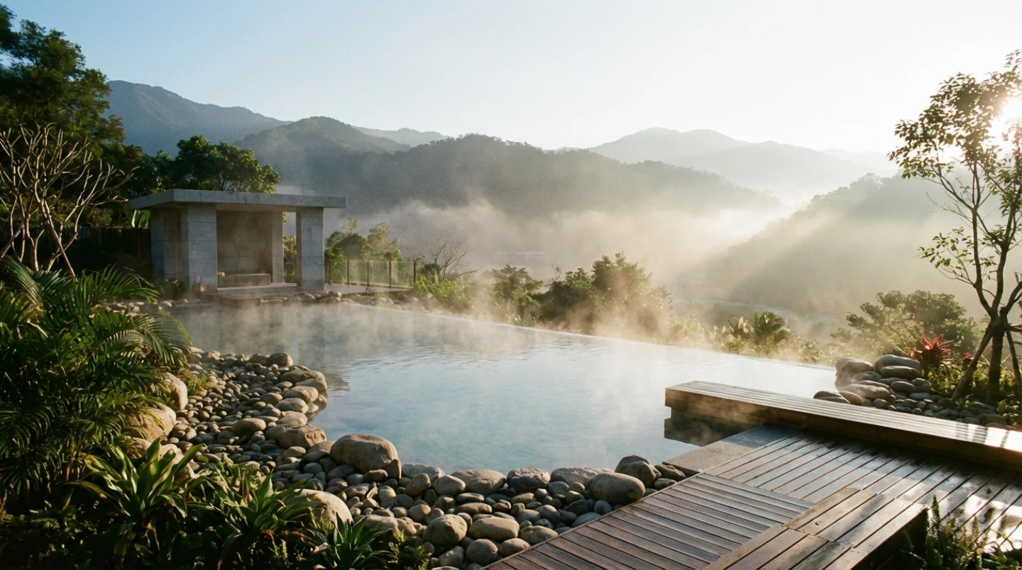 Serene luxury spa with infinity-edge pool overlooking a misty mountain valley