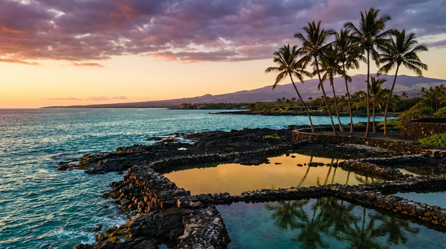 Stunning Hawaii Kohala Coast sunset with volcanic landscape and turquoise ocean