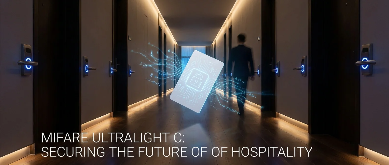 Modern hotel corridor with blue LED door locks and MIFARE Ultralight C key card with encryption patterns