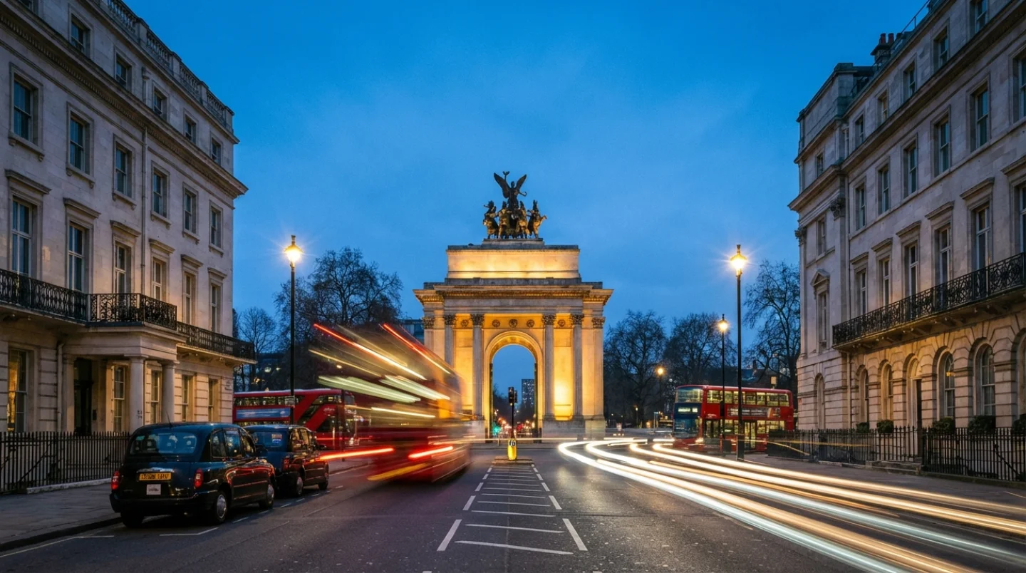 Stately view of Hyde Park Corner in London at dusk