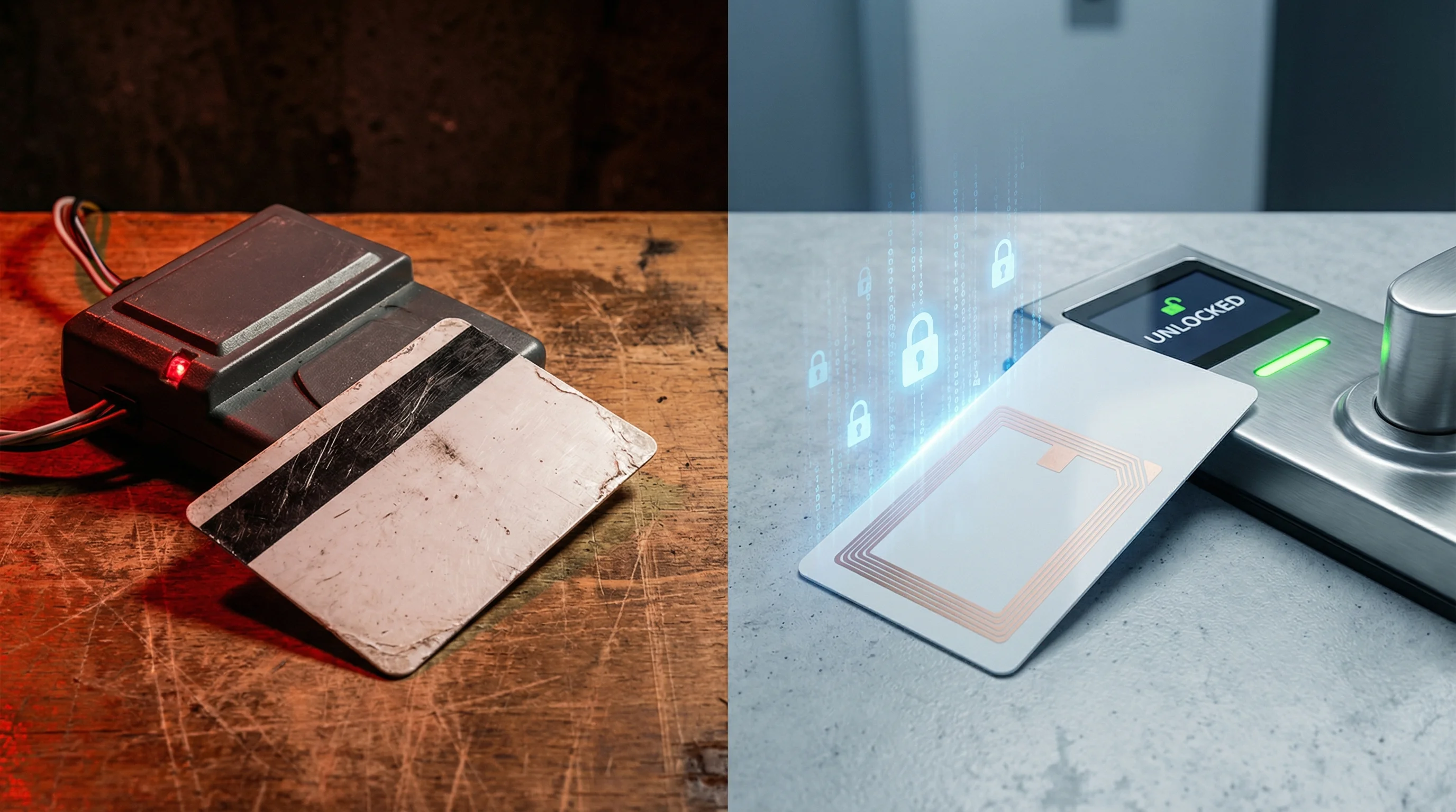 Side-by-side comparison of old magnetic stripe card reader and modern RFID key card system