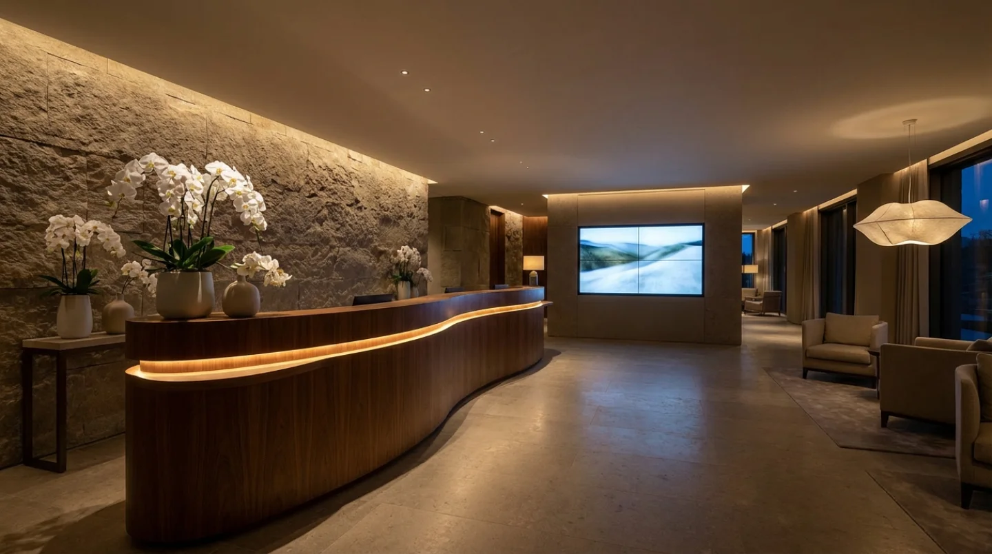 Elegant modern hotel reception with sleek curved desk and warm lighting
