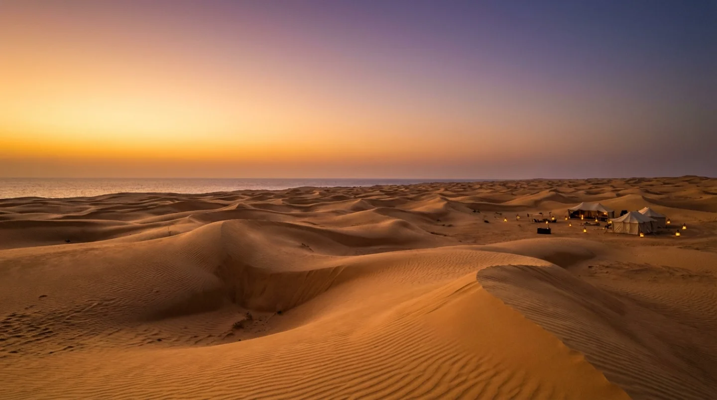 Mesmerizing desert landscape at the Red Sea coast with golden sand dunes at dusk