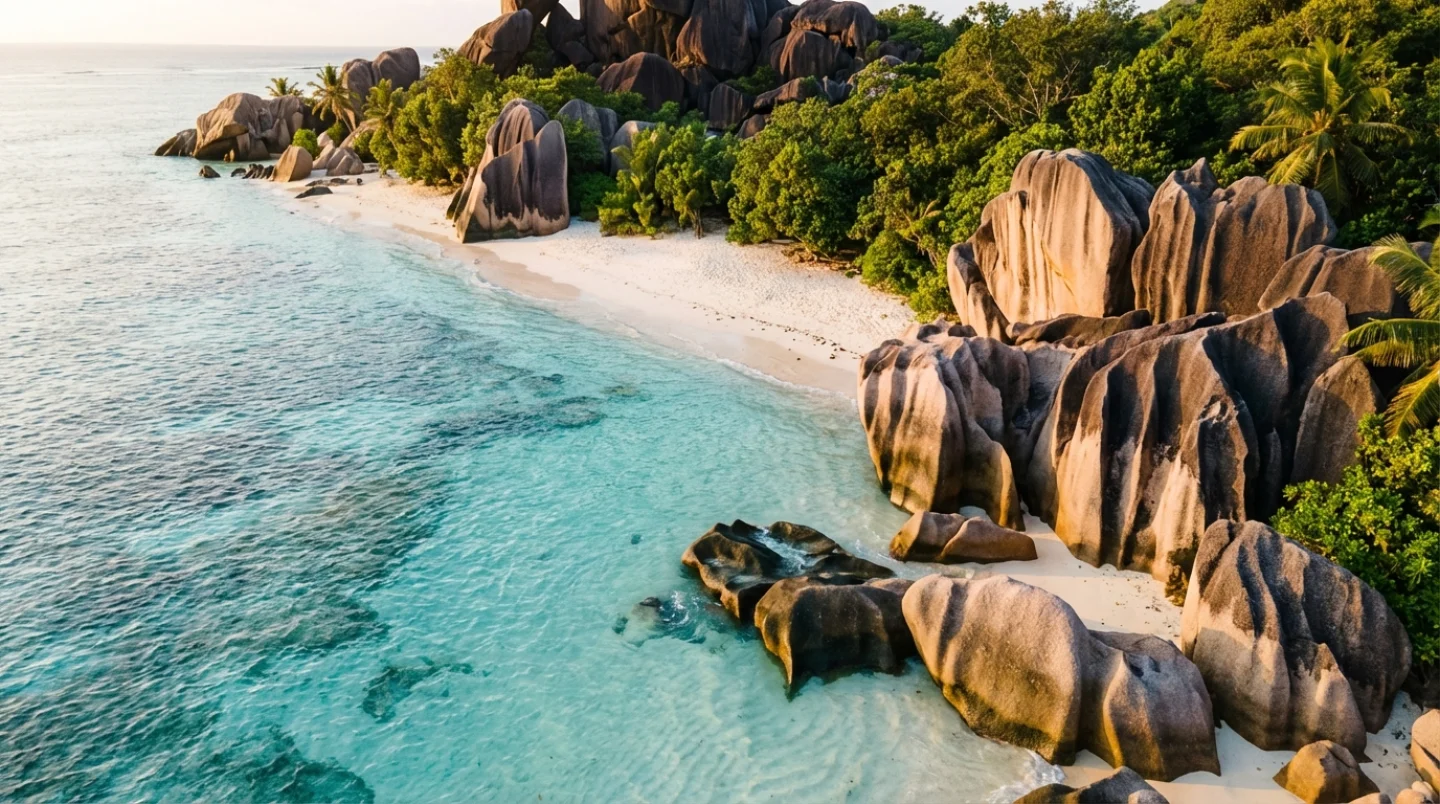 Paradise beach on private Seychelles island with granite boulders and turquoise water
