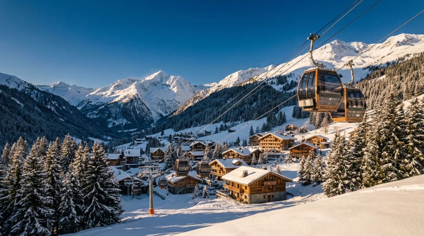 Dramatic alpine panorama with snow-capped peaks and charming ski village