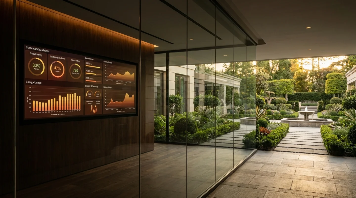 Sophisticated hotel operations center with sustainability dashboards