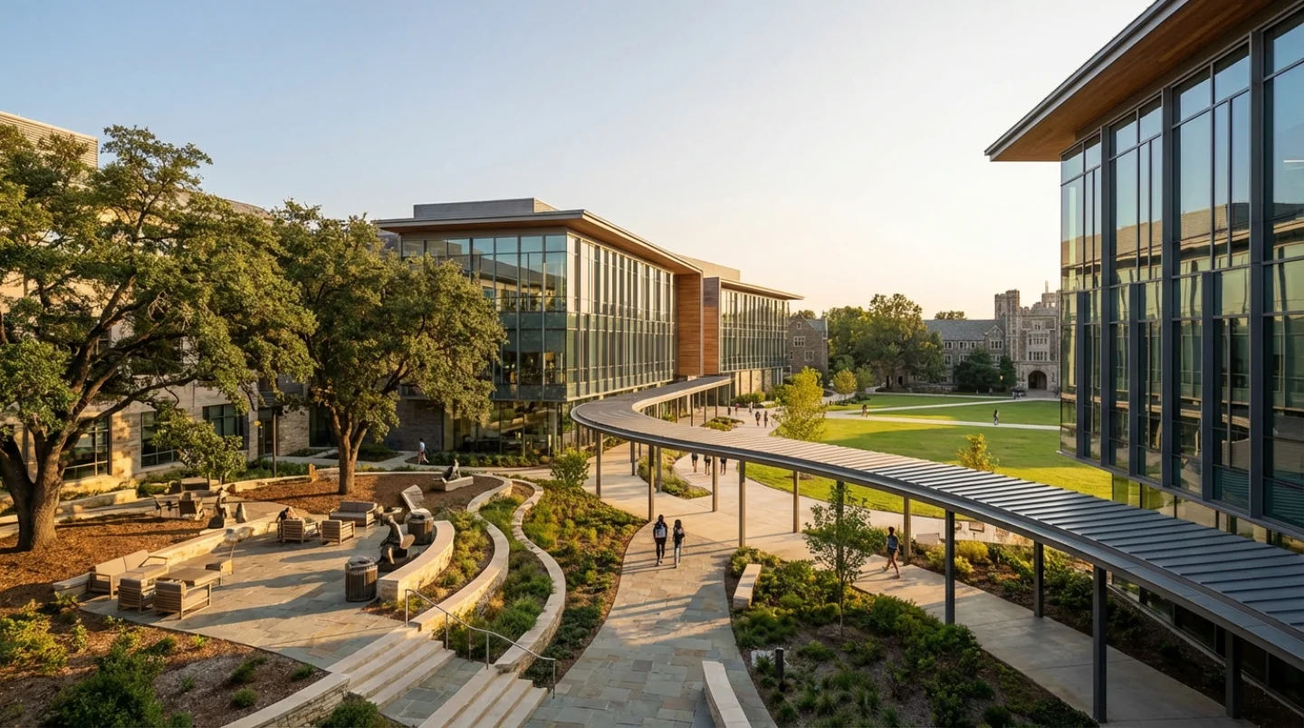 Modern university campus courtyard in golden afternoon light