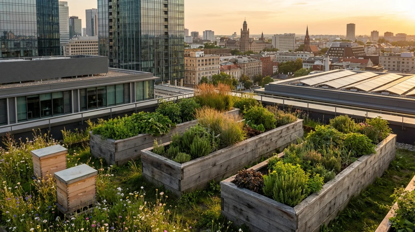 Rooftop garden atop luxury hotel with herbs and solar panels